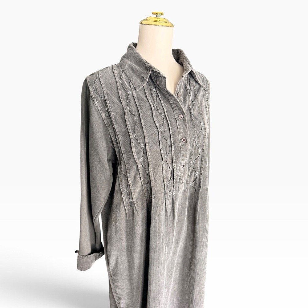 Vintage Silhouettes Gray Corduroy Knit Sleeve Midi Dress Size 16 90s y2k - Picture 2 of 8